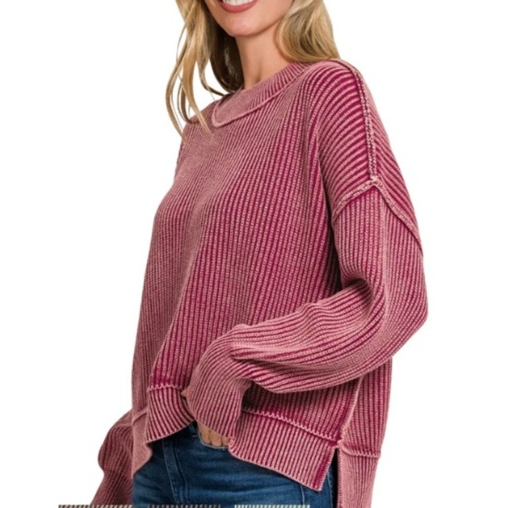 Zenana Acid Washed Side Slit Sweater L/XL Cabernet Ribbed Knit Cotton Pullover
